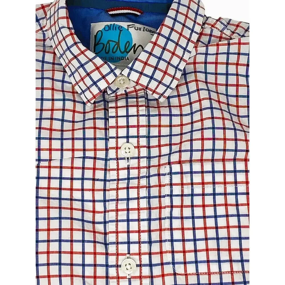 BODEN Boys Button Down Long Sleeve Red White Blue Dress Shirt ~ Size 6-7 Yrs.